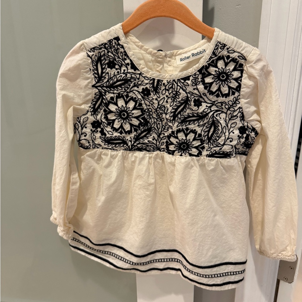 Roller Rabbit Kids Blouse with Cream and Black Embroidery